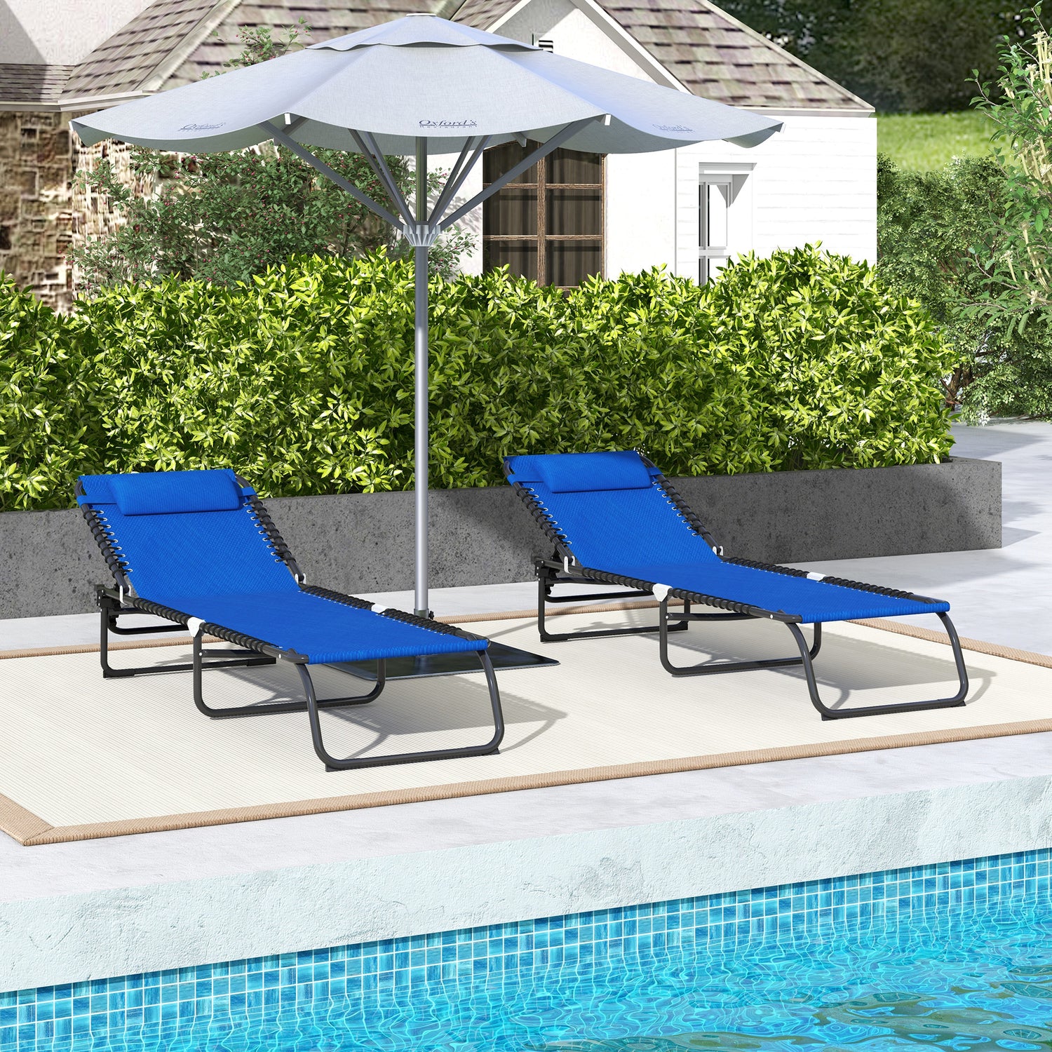 2 Folding Chaise Lounge Pool Chairs with 4-Position Reclining Back, Pillow, Breathable Mesh &amp; Bungee Seat, Blue