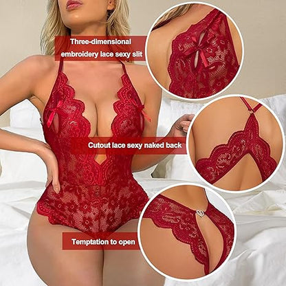 Sexy Lingerie For Women One Piece Bodysuit Deep V Lace Teddy Mini Babydoll Nightgown