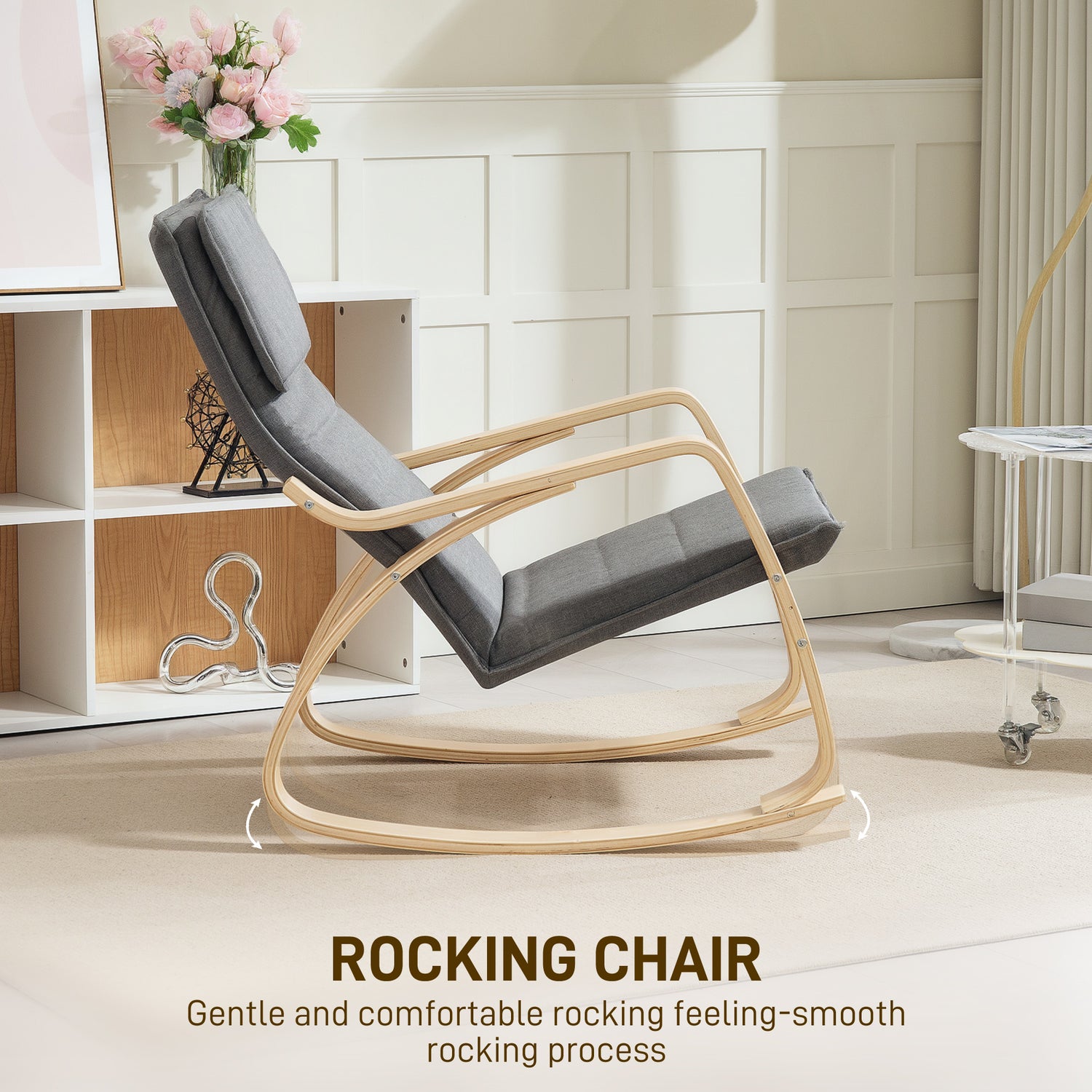 Comfortable Relax Rocking Chair, Upholstered Lounge Chair Recliner With High Back And Headrest For Living Room, Bedroom, Grey