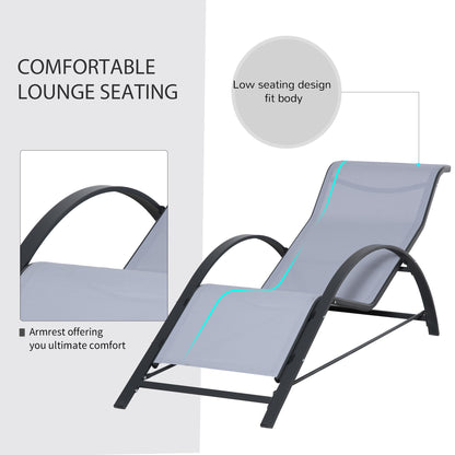 3 Pieces Lounge Chair Set Metal Frame Garden Outdoor Recliner Sunbathing Chair With Table, Light Grey