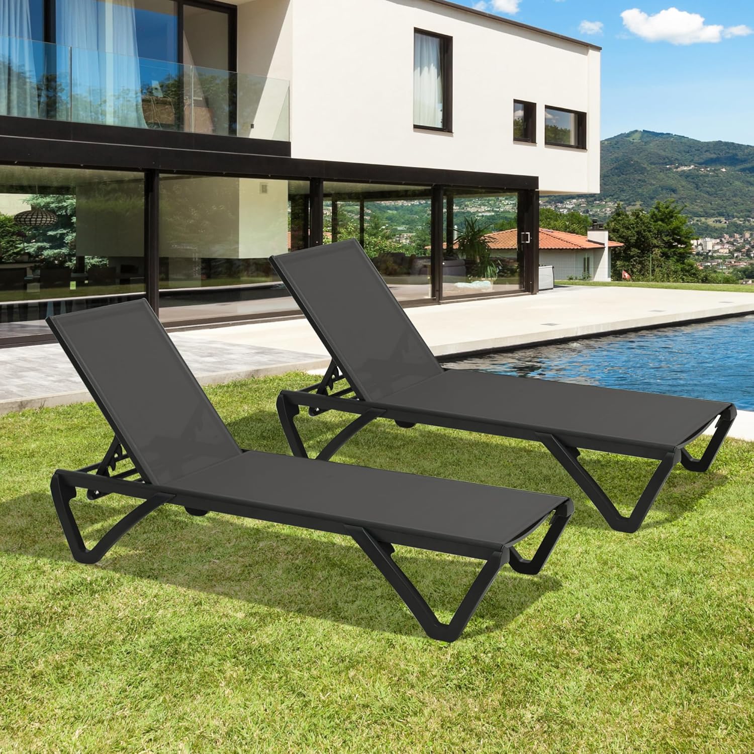 Pool Lounge Chairs Set Of 2, Aluminum Adjustable Outdoor Chaise Lounge With Wheels, All Weather Poolside Chairs For Deck Lawn Patio Backyard, Textilene - Dark Gray