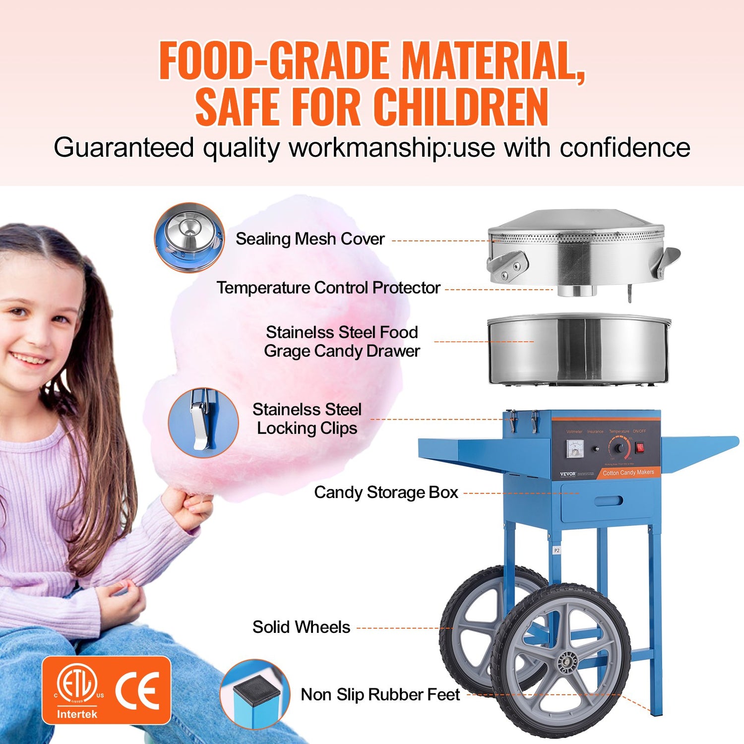 Electric Cotton Candy Machine With Cart, 1000W Commercial Candy Floss Maker With Stainless Steel Bowl, Sugar Scoop And Drawer, Perfect For Home, Kids Birthday, Family Party, Blue