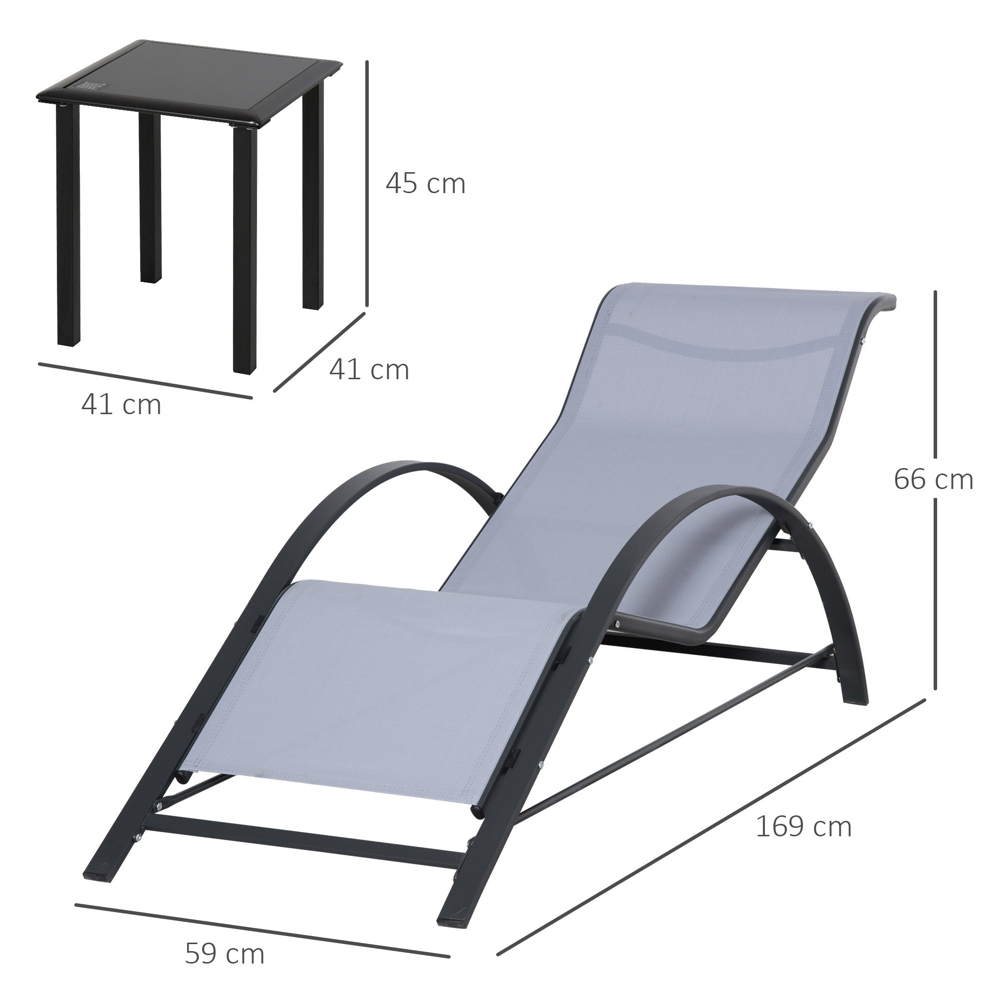 3 Pieces Lounge Chair Set Metal Frame Garden Outdoor Recliner Sunbathing Chair With Table, Light Grey