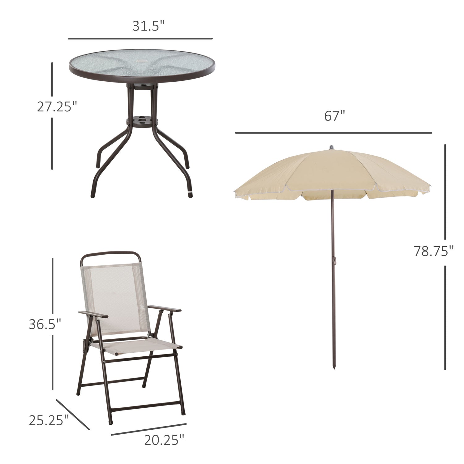 6 Piece Patio Dining Set for 4 with Umbrella, Outdoor Table and Chairs with 4 Folding Dining Chairs &amp; Round Glass Table for Garden, Backyard and Poolside, Beige