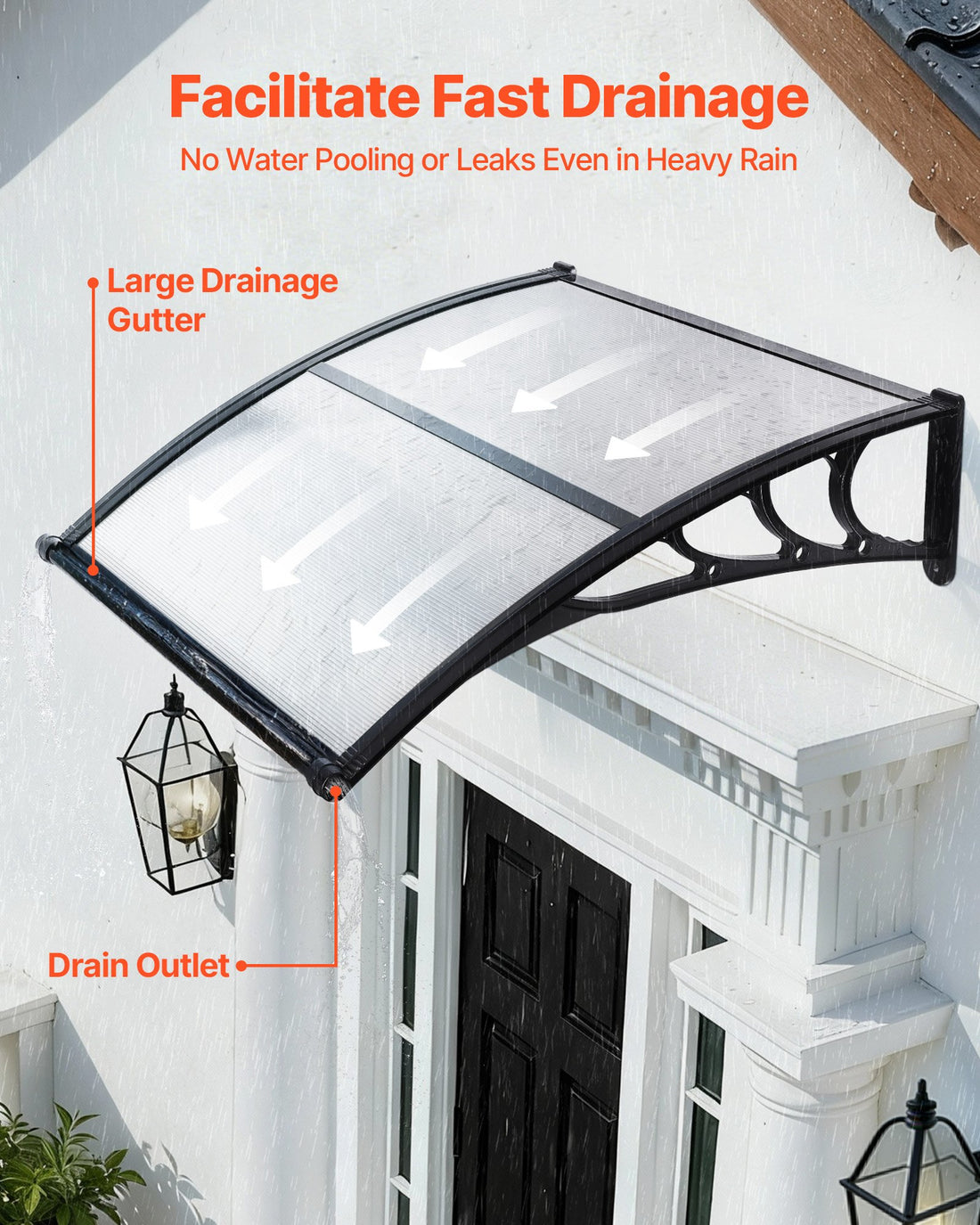 Awnings For Door Entrance, 38 X 40 In, Exterior Front Door Window Awnings With Drainage &amp; ABS Bracket, Rain Snow Sun Protection, Overhang Polycarbonate Door Canopy For Porch Patio, Clear