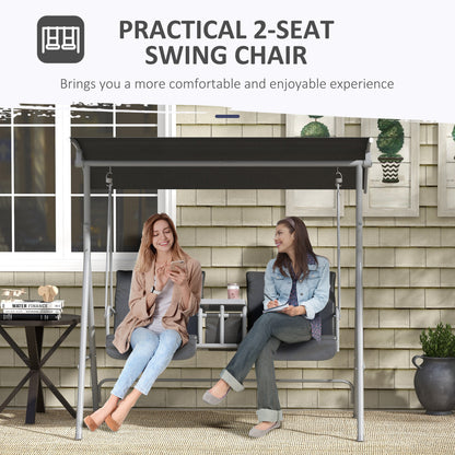 2-Seater Outdoor Porch Swing with Canopy and Table, Patio Swing Chair for Garden, Poolside, Backyard, Gray