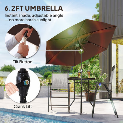4 Piece Outdoor Bar Set with Umbrella, Patio Dining Set with 2 Folding Chairs, Wave Textured Tempered Glass Table for Backyard, Garden, Deck, Poolside, Beige