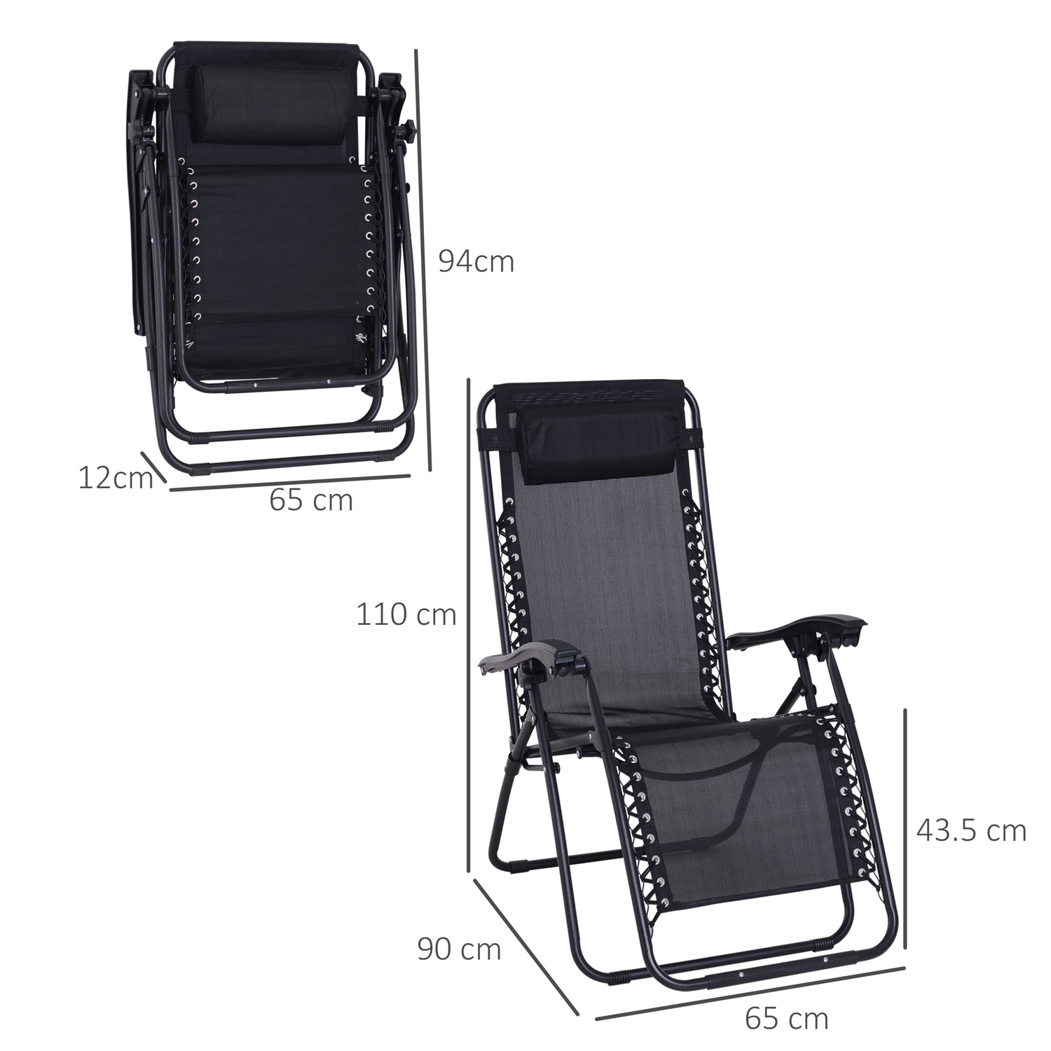 Zero Gravity Chair Set Of 2, Metal Frame Texteline Armchair Outdoor Folding And Reclining Sun Lounger With Head Pillow For Patio Decking Gardens Camping, Black