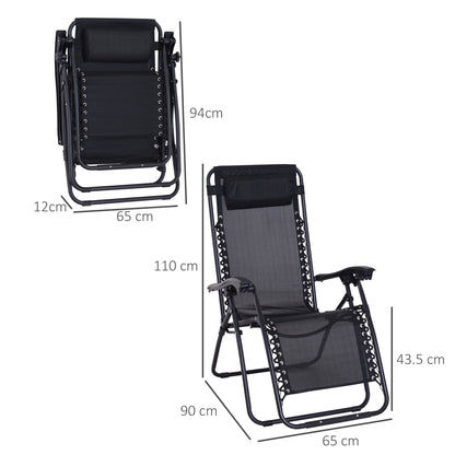 Zero Gravity Chair Set Of 2, Metal Frame Texteline Armchair Outdoor Folding And Reclining Sun Lounger With Head Pillow For Patio Decking Gardens Camping, Black