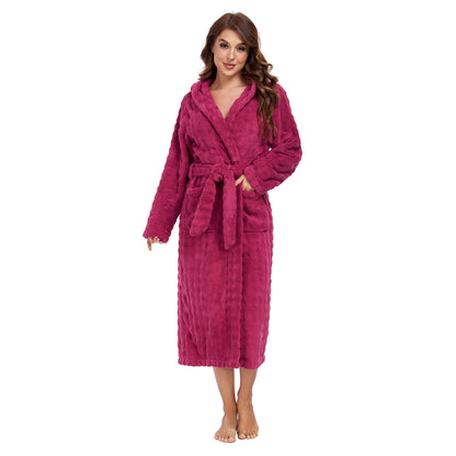 RONGTAI Luxury Plush Absorbency Robe For Women Extra Long Fleece Bathrobe With Hood &amp; Pockets Warm Terry Cloth Loungewear