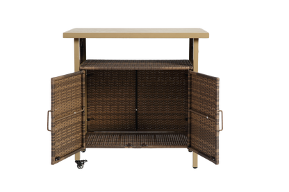 Outdoor Wicker Bar Cart, Patio Wine Serving Cart W Wheels , Rolling Rattan Beverage Bar Counter Table W Glass Top For Porch Backyard Garden Poolside Party, Beige