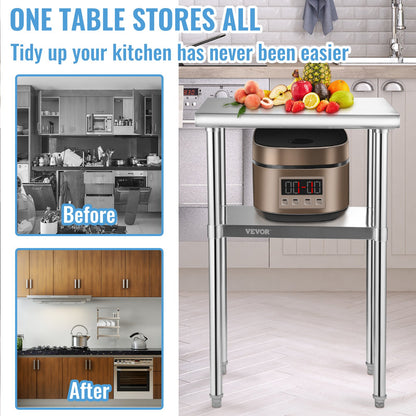 Stainless Steel Prep Table, 24 X 18 X 36 Inch, 600lbs Load Capacity Heavy Duty Metal Worktable With Adjustable Undershelf &amp; Feet, Commercial Workstation For Kitchen Restaurant GarageBackyard