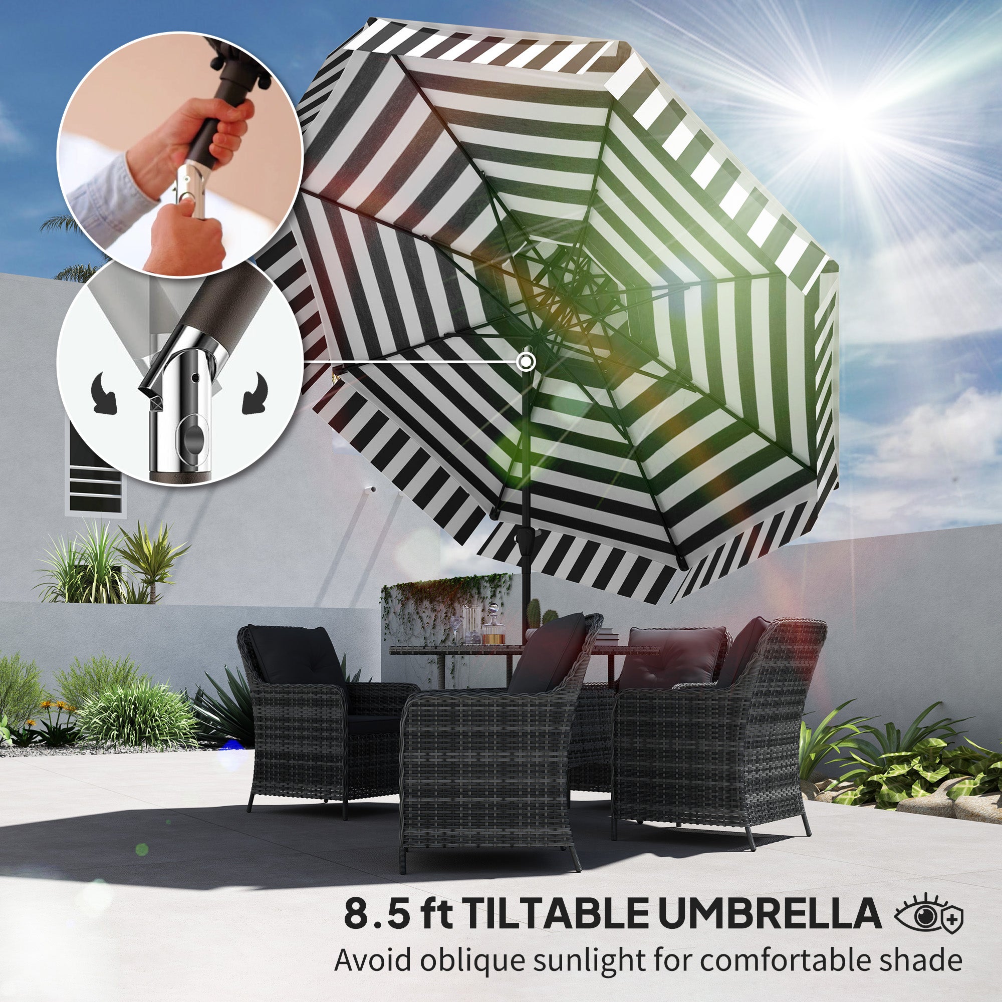 8.6FT Patio Umbrella, UPF 30+ Outdoor Market Umbrella, 2-Tier Vented Patio Table Umbrella with Crank 8 Ribs, Tiltable Porch Umbrella for Garden Deck Poolside, Black