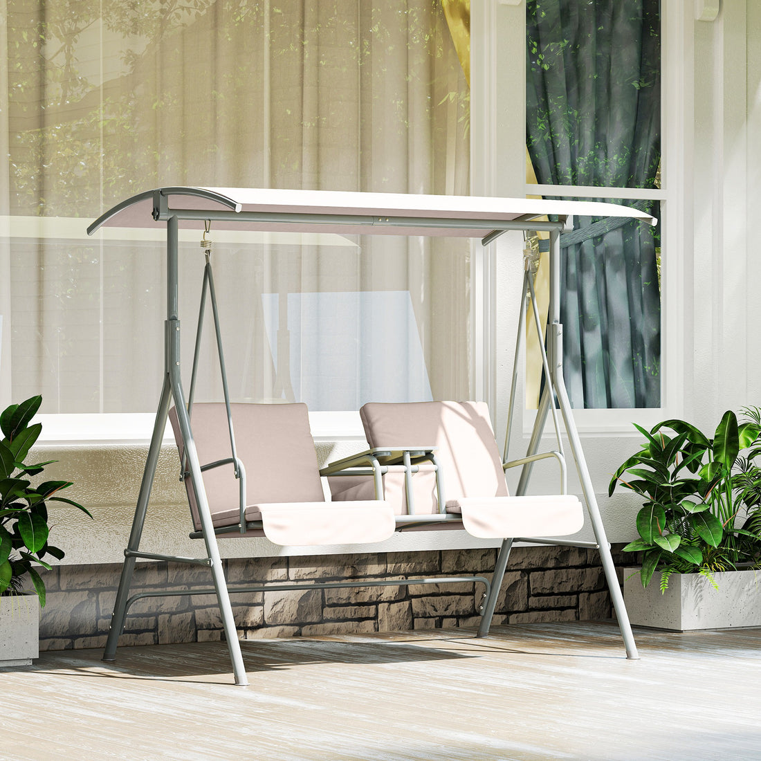 2-Seater Outdoor Porch Swing with Canopy and Table, Patio Swing Chair for Garden, Poolside, Backyard, Beige