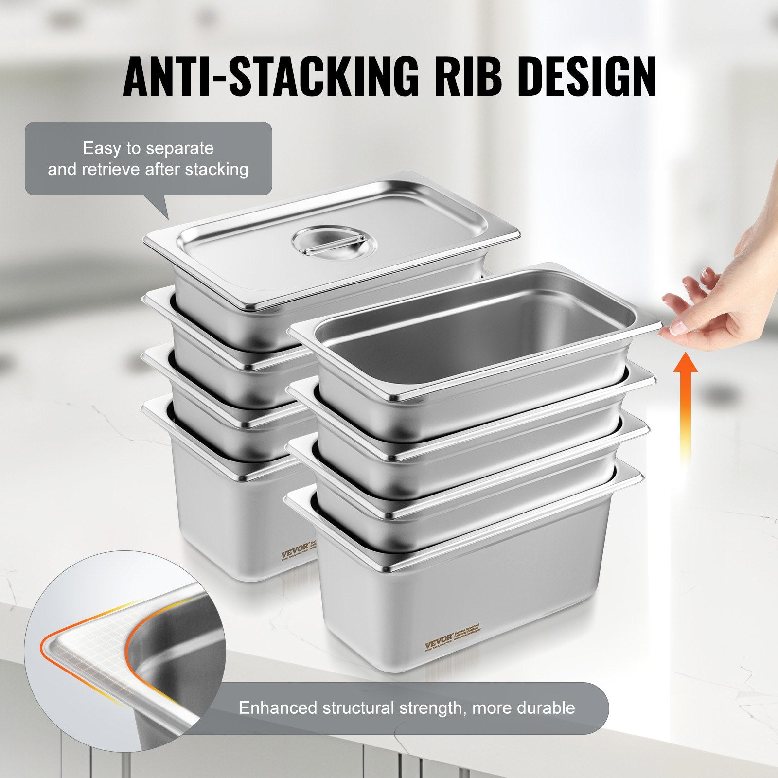 8 Pack Hotel Pans, 1/3 Size Anti-Jam Steam Pan With Lid, 0.8mm Thick Stainless Steel Steam Table Pan, 6-Inch Deep Commercial Table Pan, Catering Storage Food Pan, For Industrial &amp; Scientific