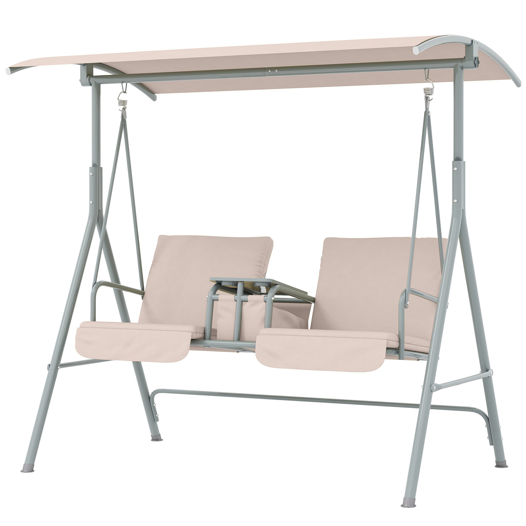 2-Seater Outdoor Porch Swing with Canopy and Table, Patio Swing Chair for Garden, Poolside, Backyard, Beige