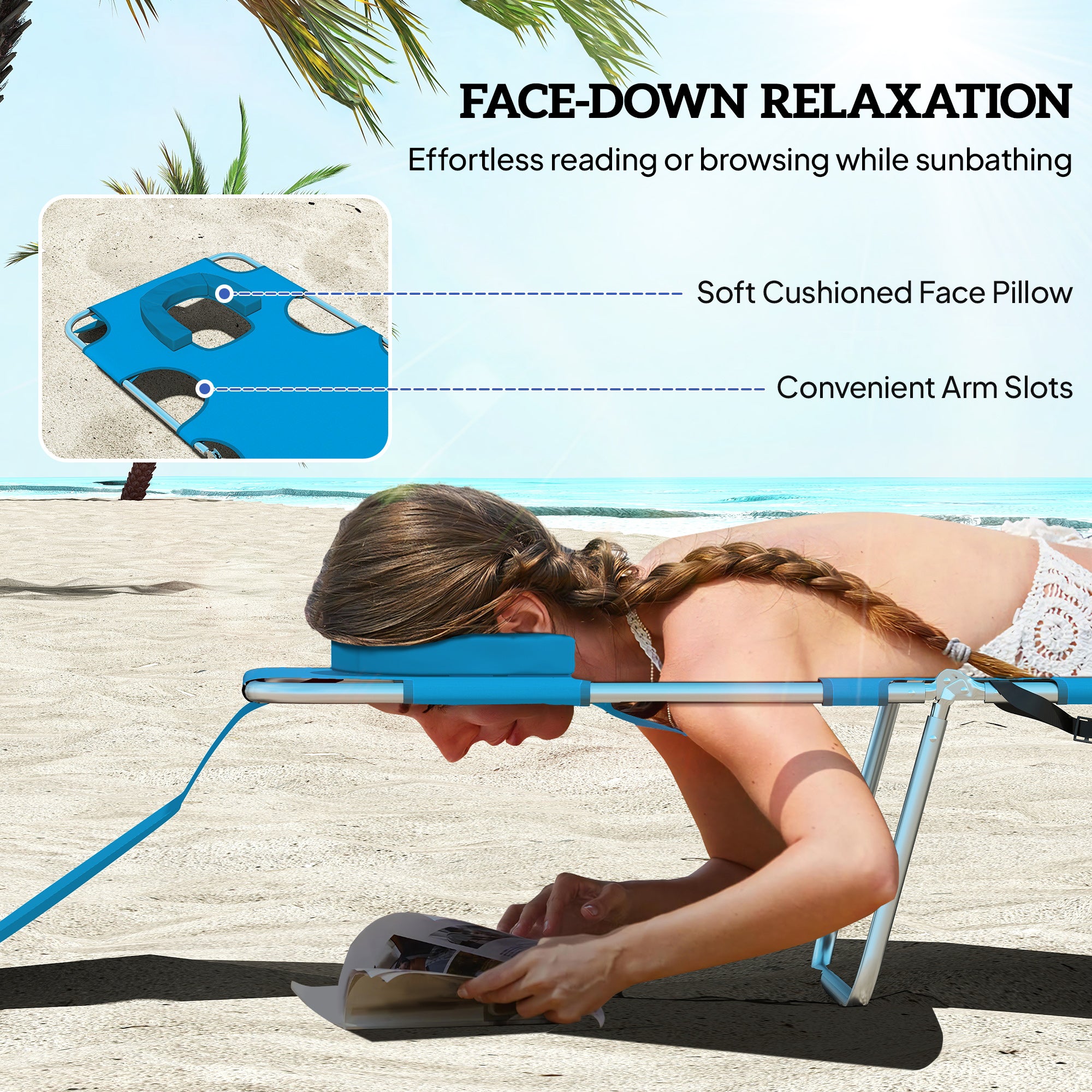 Folding Outdoor Chaise Lounge Sun Tanning Chair with Face Cavity, Pillow, 5-level Adjustable for Beach, Pool, Light Blue