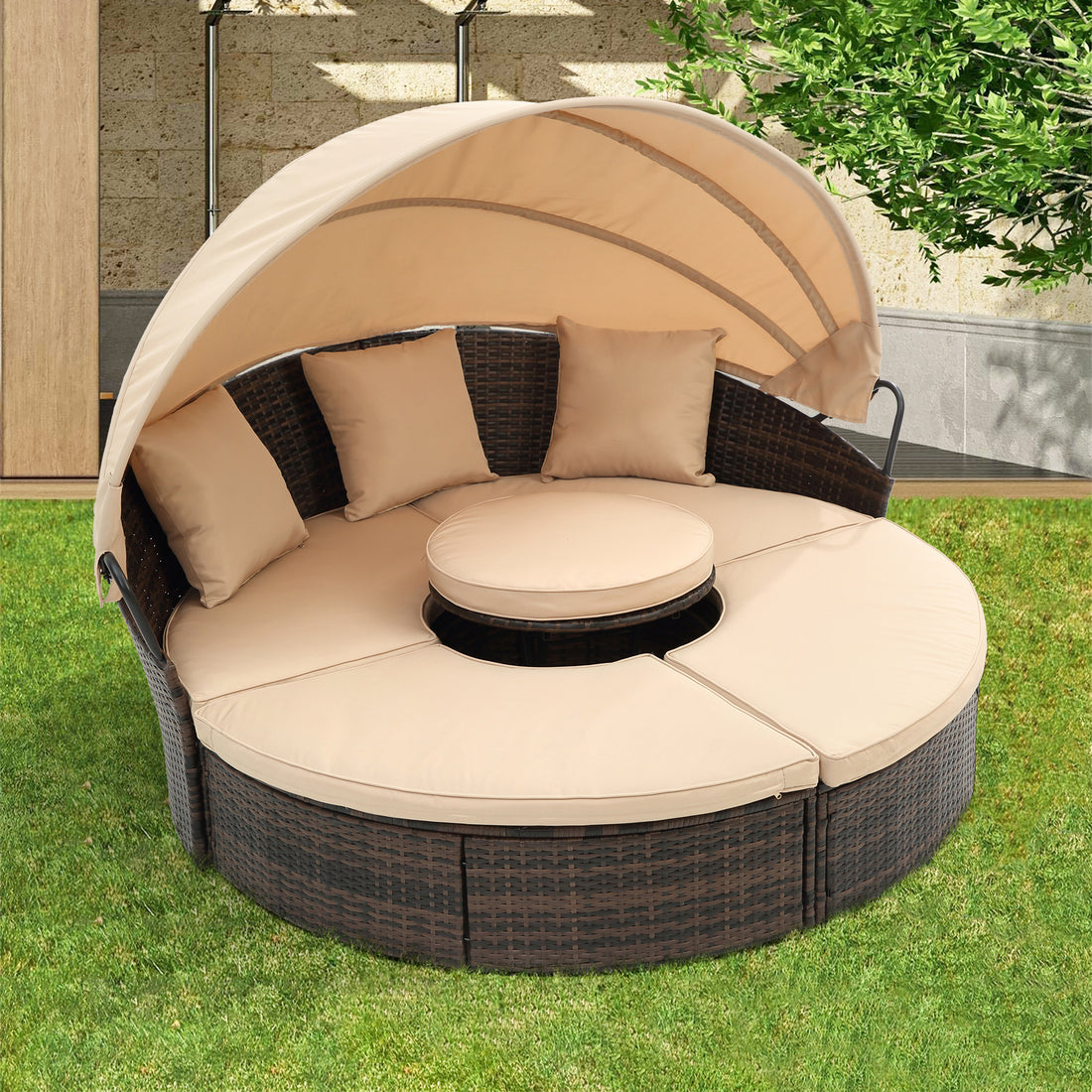 Hot Sale KD Rattan Round Lounge With Canopy Bali Canopy Bed Outdoor, Wicker Outdoor Sofa Bed With Lift Coffee Table