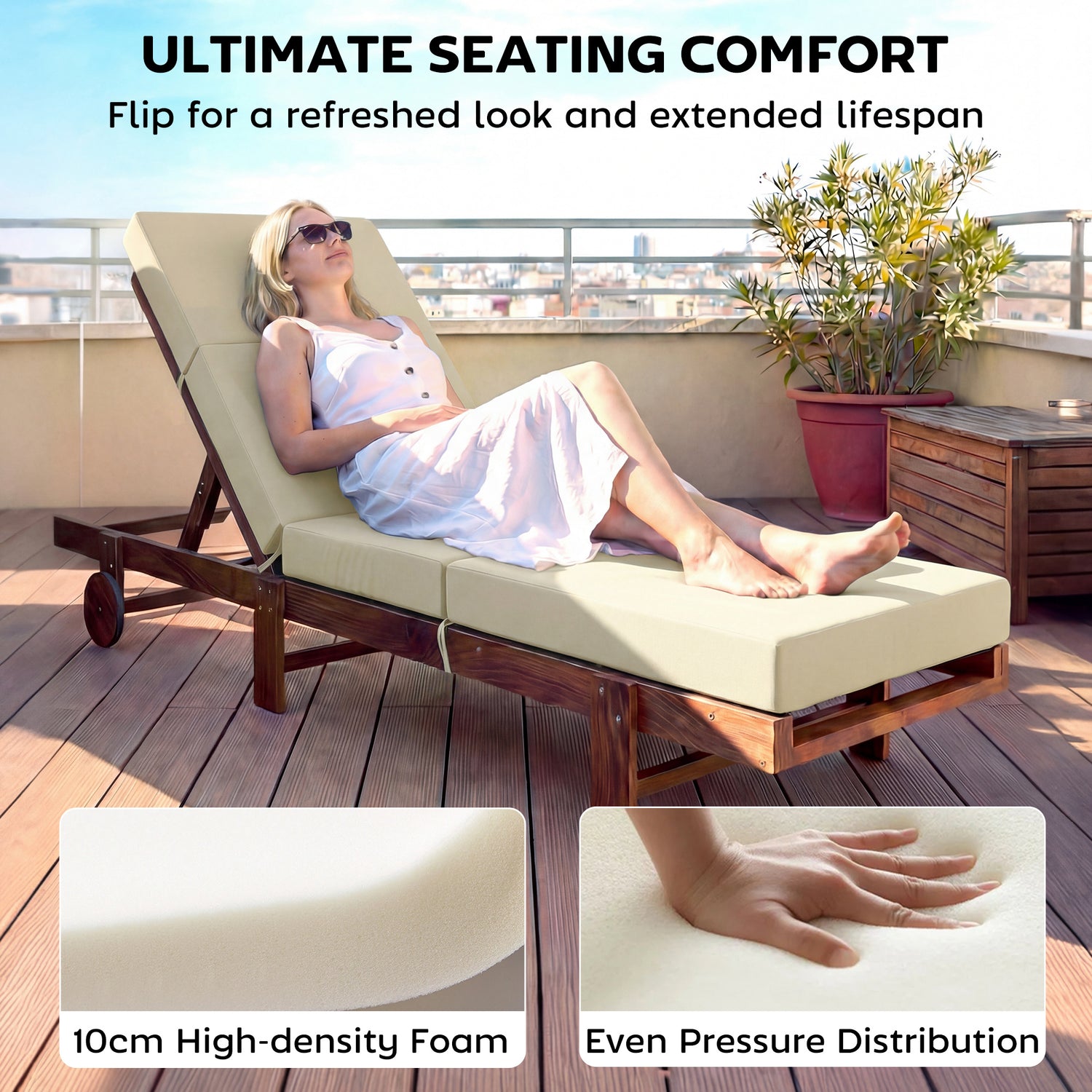 Chaise Lounge Cushion, 4" Thick Outdoor Lounge Chair Cushions with Ties for Patio, 26" x 80 ", Cream White