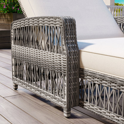 GO Outdoor Long Reclining Chaise, Wicker Lounge With Armrests, Patio Adjustable Recliner With Soft Removable Cushions, All Weather Rattan Pool Lounge For Poolside &amp; Garden, Beige