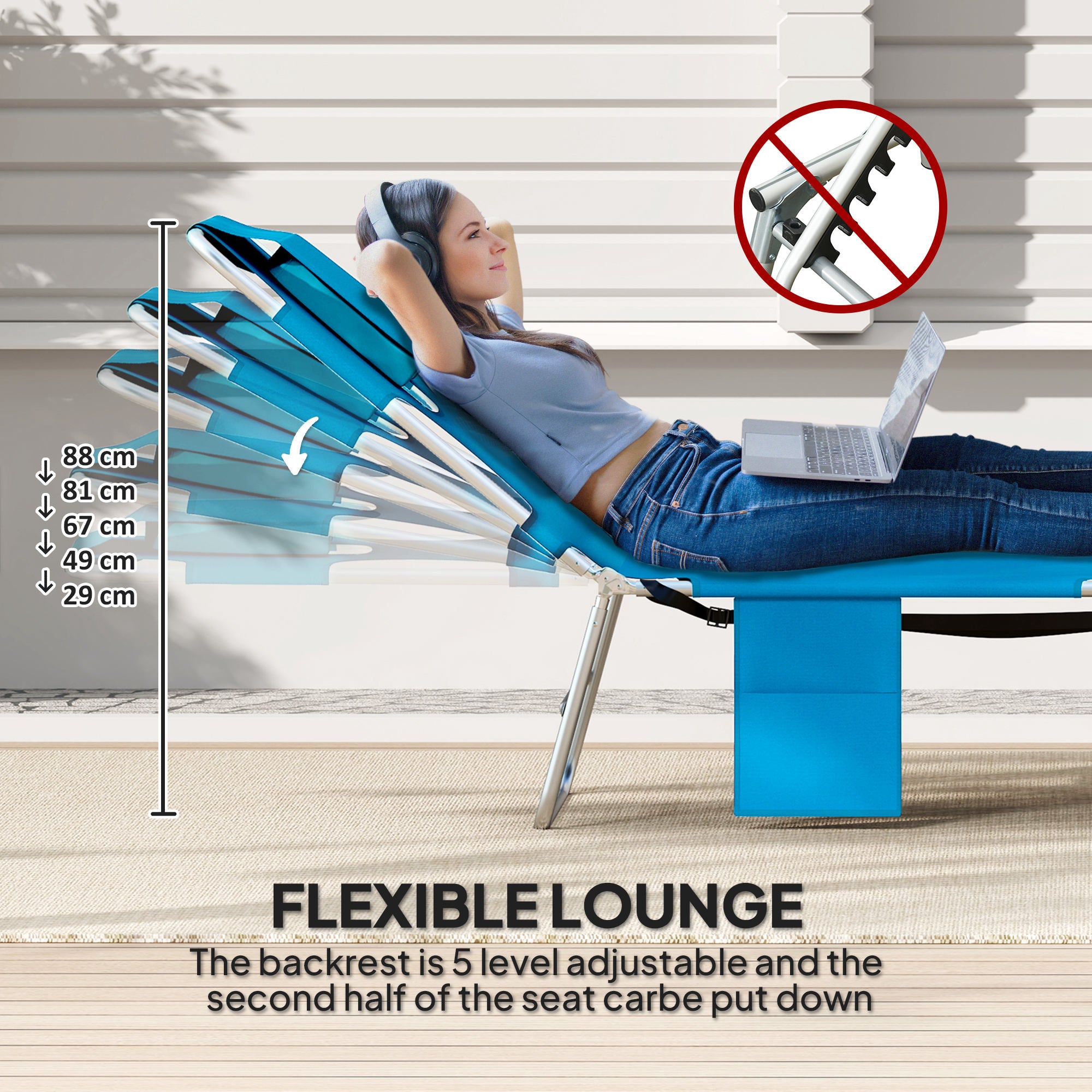 Folding Outdoor Chaise Lounge Sun Tanning Chair with Face Cavity, Pillow, 5-level Adjustable for Beach, Pool, Light Blue