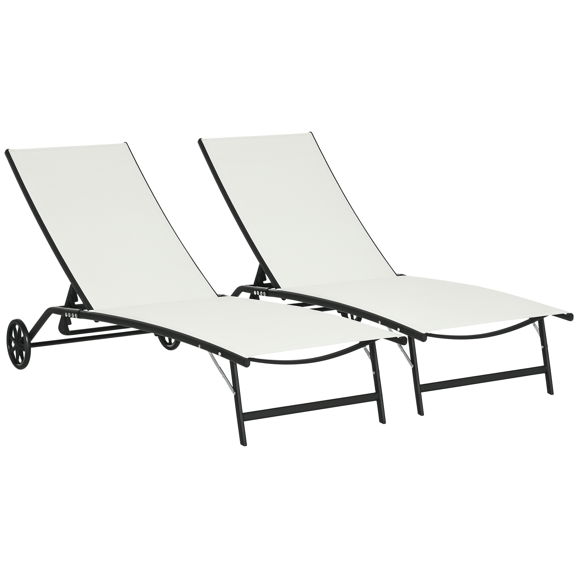 Chaise Lounge Outdoor, 2 Piece Lounge Chair with Wheels, Tanning Chair with 5 Adjustable Positions for Patio, Beach, Yard, Pool, Cream White