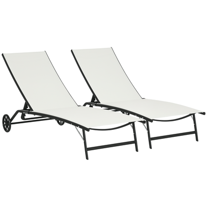 Chaise Lounge Outdoor, 2 Piece Lounge Chair with Wheels, Tanning Chair with 5 Adjustable Positions for Patio, Beach, Yard, Pool, Cream White