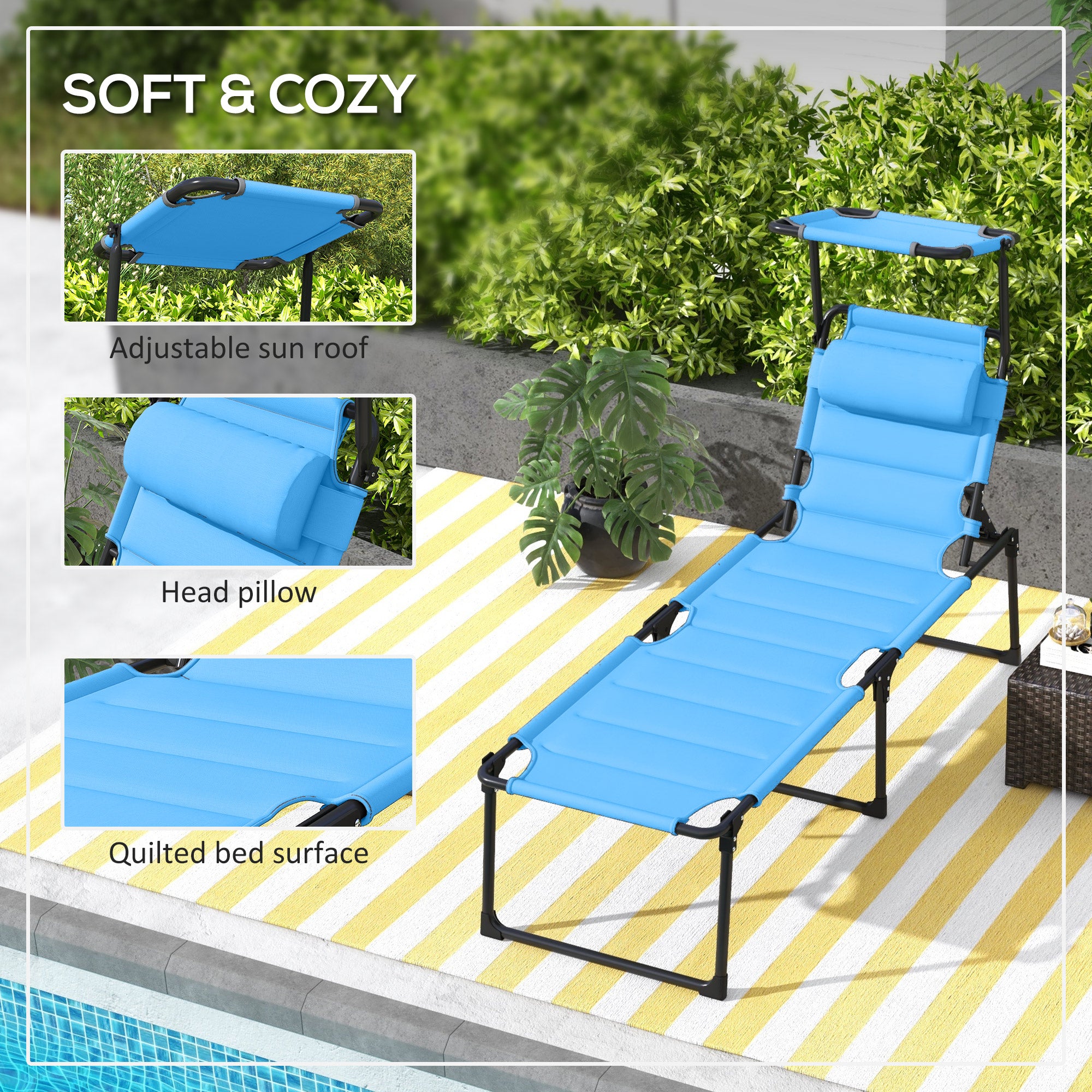 Outdoor Lounge Chair, 4 Position Adjustable Backrest, Folding, Cushioned w/ Sun Shade Roof &amp; Pillow, Blue