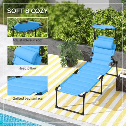 Outdoor Lounge Chair, 4 Position Adjustable Backrest, Folding, Cushioned w/ Sun Shade Roof &amp; Pillow, Blue