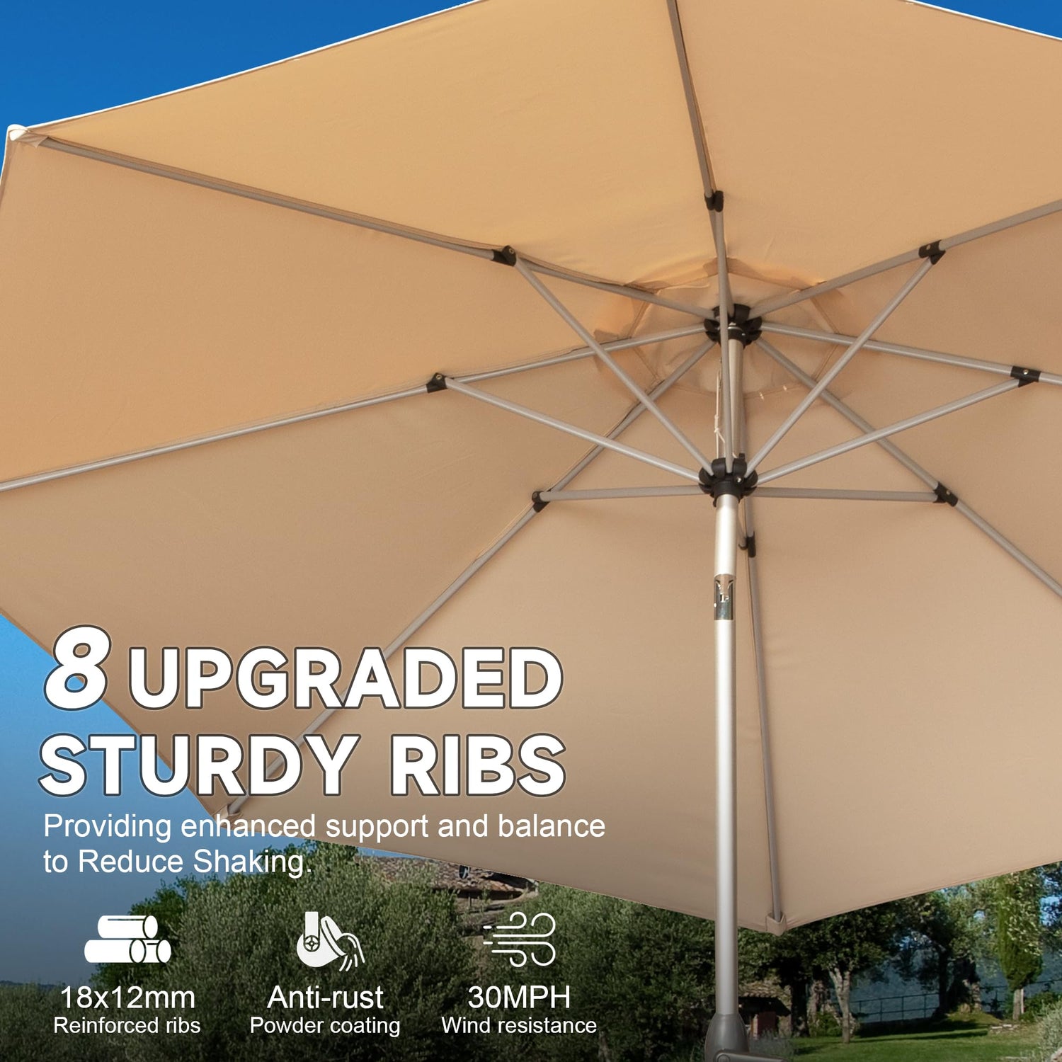 9FT Patio Umbrella, Outdoor Table Umbrella With Push Button Tilt And Crank, UV Protection Waterproof Market Sun Umbrella With 8 Sturdy Ribs For Garden, Deck, Backyard, Pool  Beige
