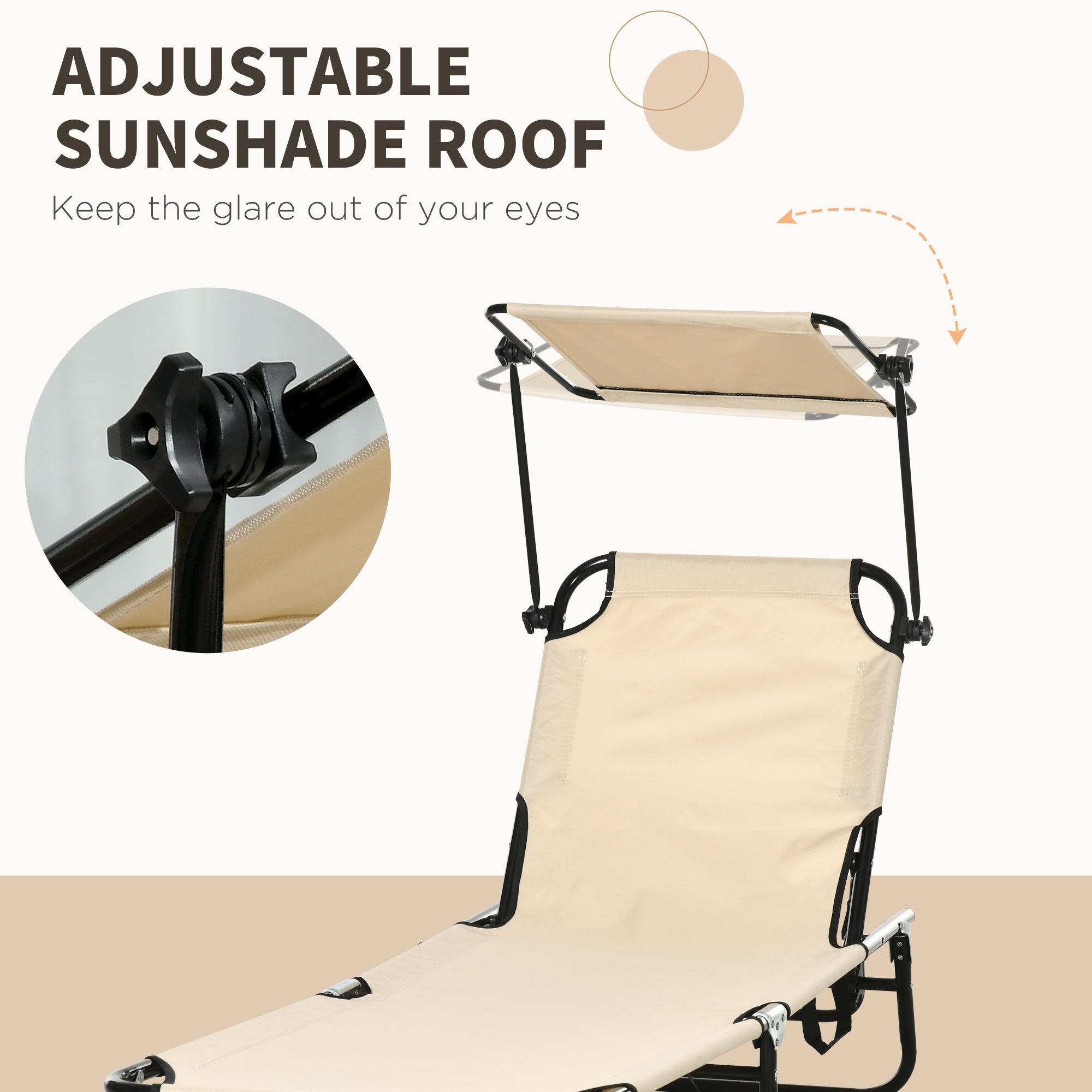 Folding Chaise Lounge Pool Lounge Chairs Set of 2, Outdoor Sun Tanning Chairs with Canopy Shade, Reclining Back, Steel Frame and Side Pocket for Beach, Yard, Patio, Tan
