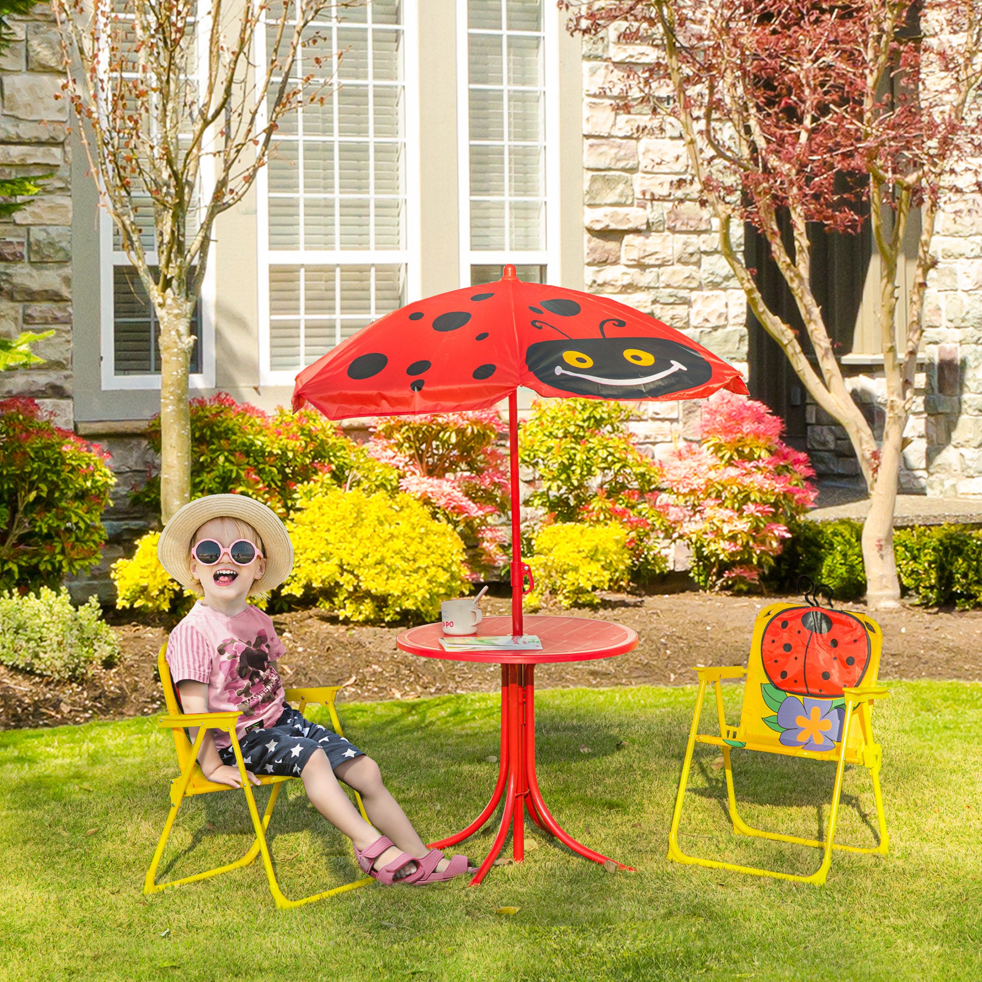 Kids Table and Chair Set, Outdoor Folding Garden Furniture, Picnic Table for Patio Backyard, with Removable &amp; Height Adjustable Sun Umbrella, Aged 3-6 Years Old, Red