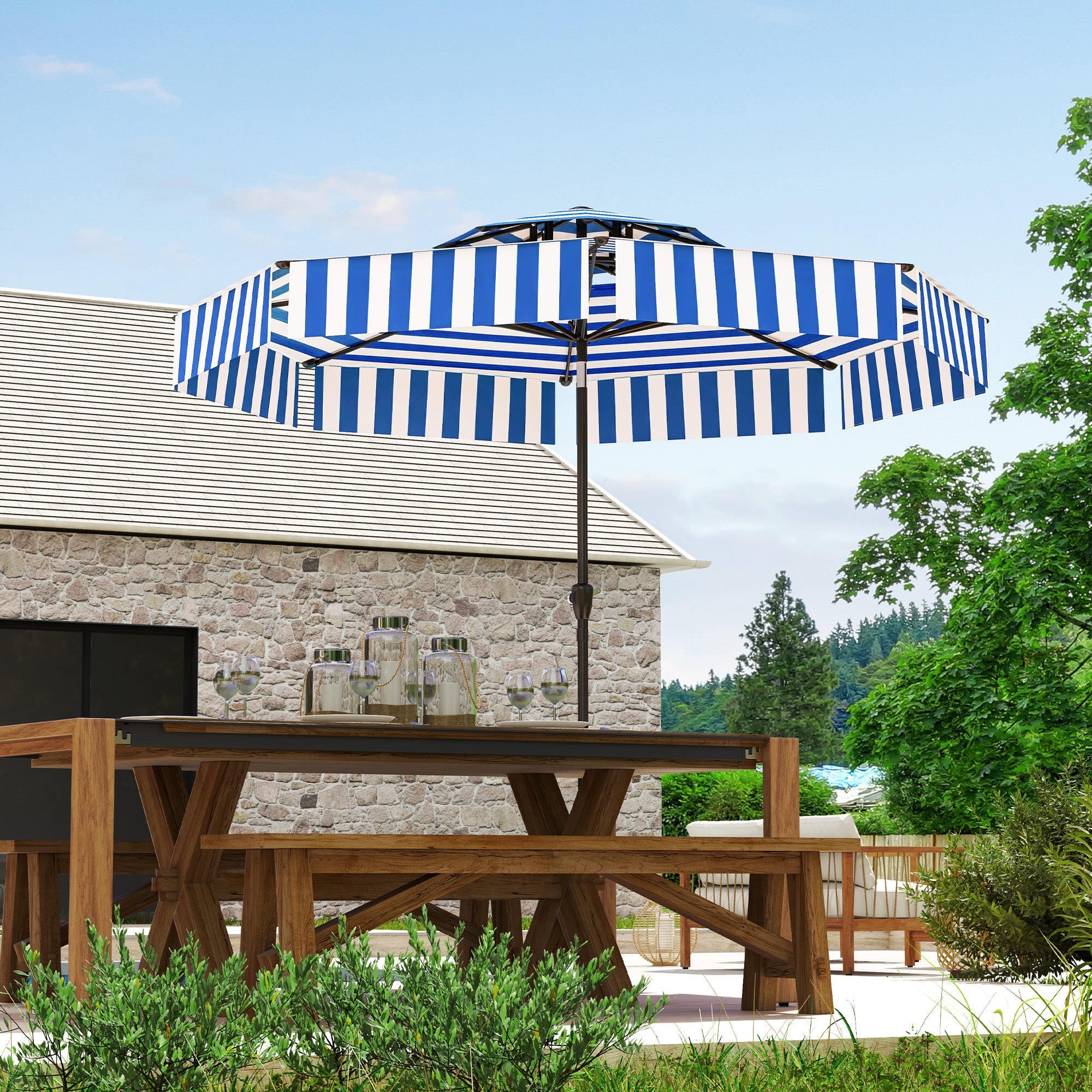 8.6FT Patio Umbrella, Outdoor Market Umbrella, 2-Tier Vented Patio Table Umbrella With Crank 8 Ribs, Tiltable Porch Umbrella For Garden Deck Poolside, Navy Blue