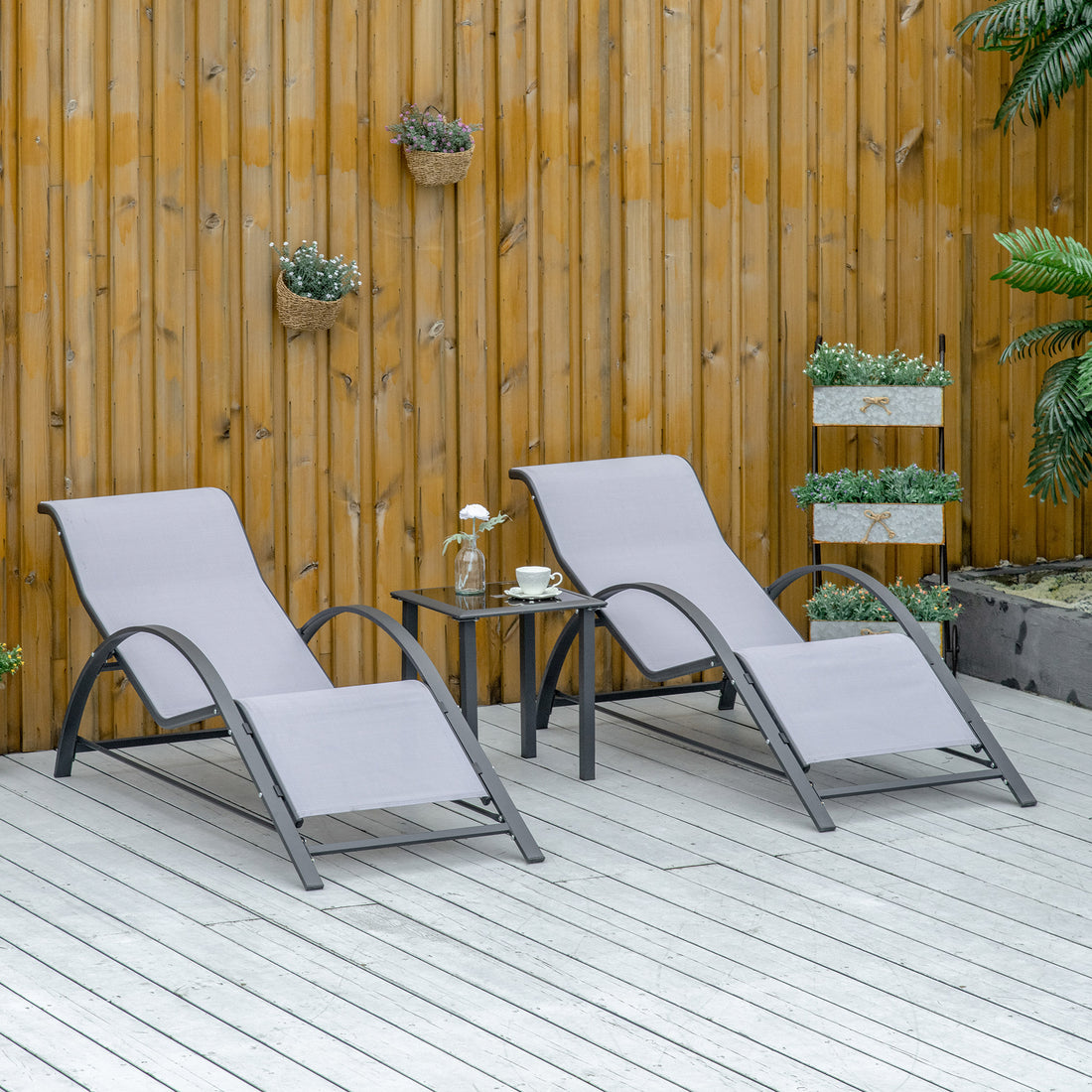 3 Pieces Lounge Chair Set Metal Frame Garden Outdoor Recliner Sunbathing Chair With Table, Light Grey