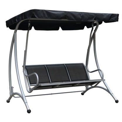 3-Seat Outdoor Porch Swing Chair, Patio Swing Glider with Adjustable Canopy, Breathable Seat, and Steel Frame for Garden, Poolside, Backyard, Black