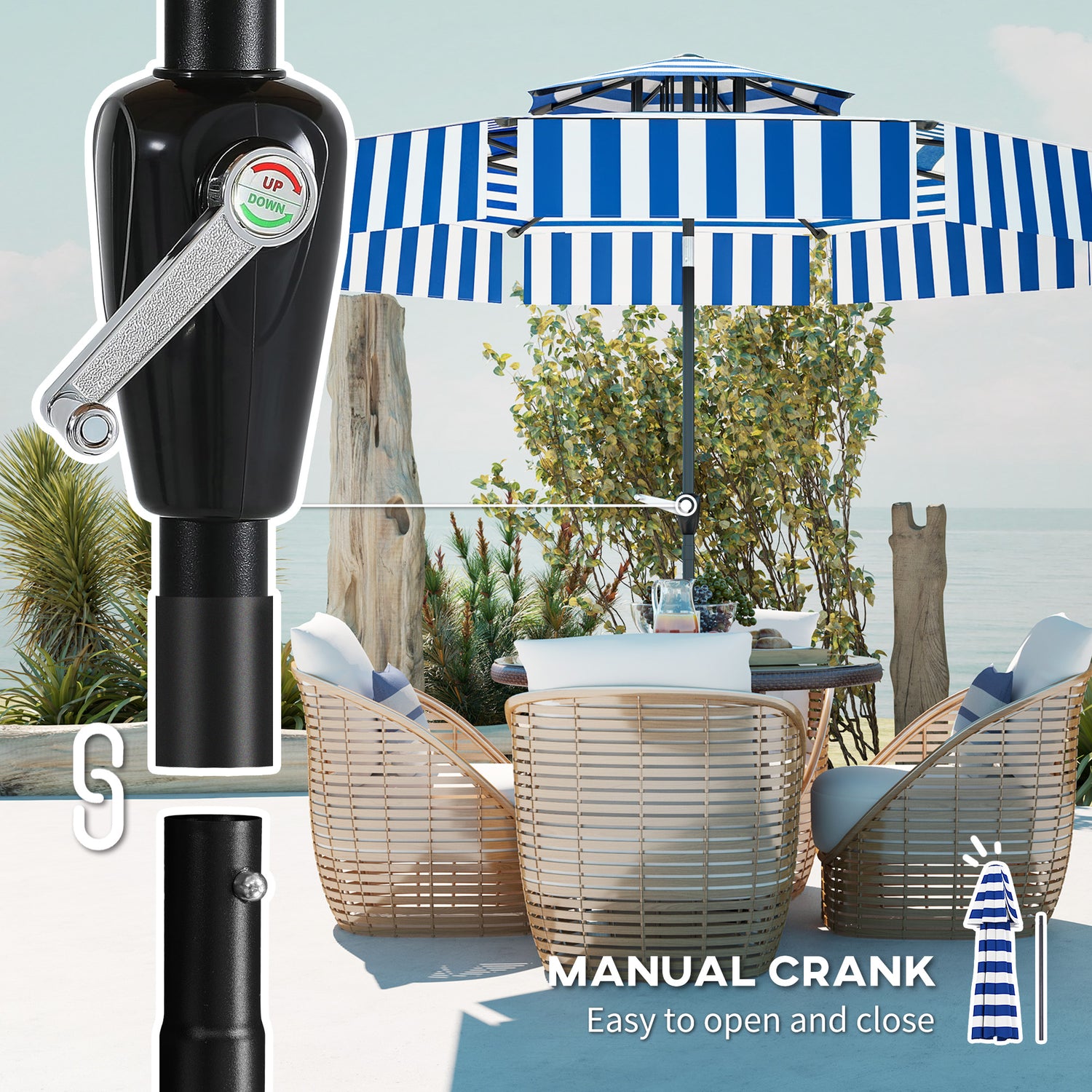 8.6FT Patio Umbrella, UPF 30+ Outdoor Market Umbrella, 2-Tier Vented Patio Table Umbrella with Crank 8 Ribs, Tiltable Porch Umbrella for Garden Deck Poolside, Navy Blue