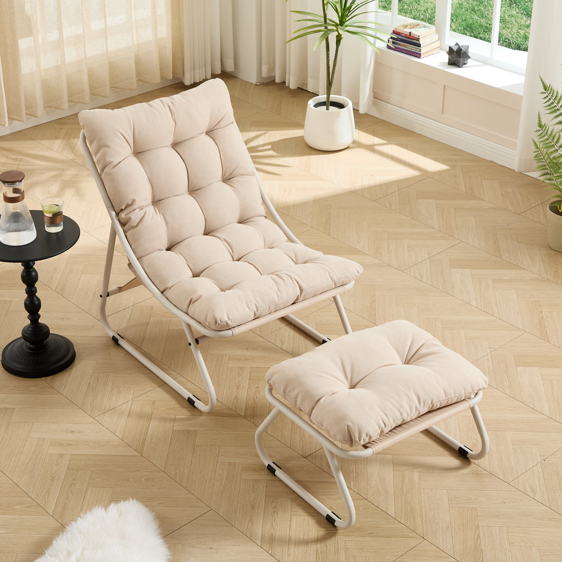 Patio Outdoor Lounge Chair With Ottoman, Comfy Sling Recliner Chair With Puffy Cushion And Foot Stool, Ideal For Living Room, Bedroom, Reading Room, Beige Frame With Beige Cushion