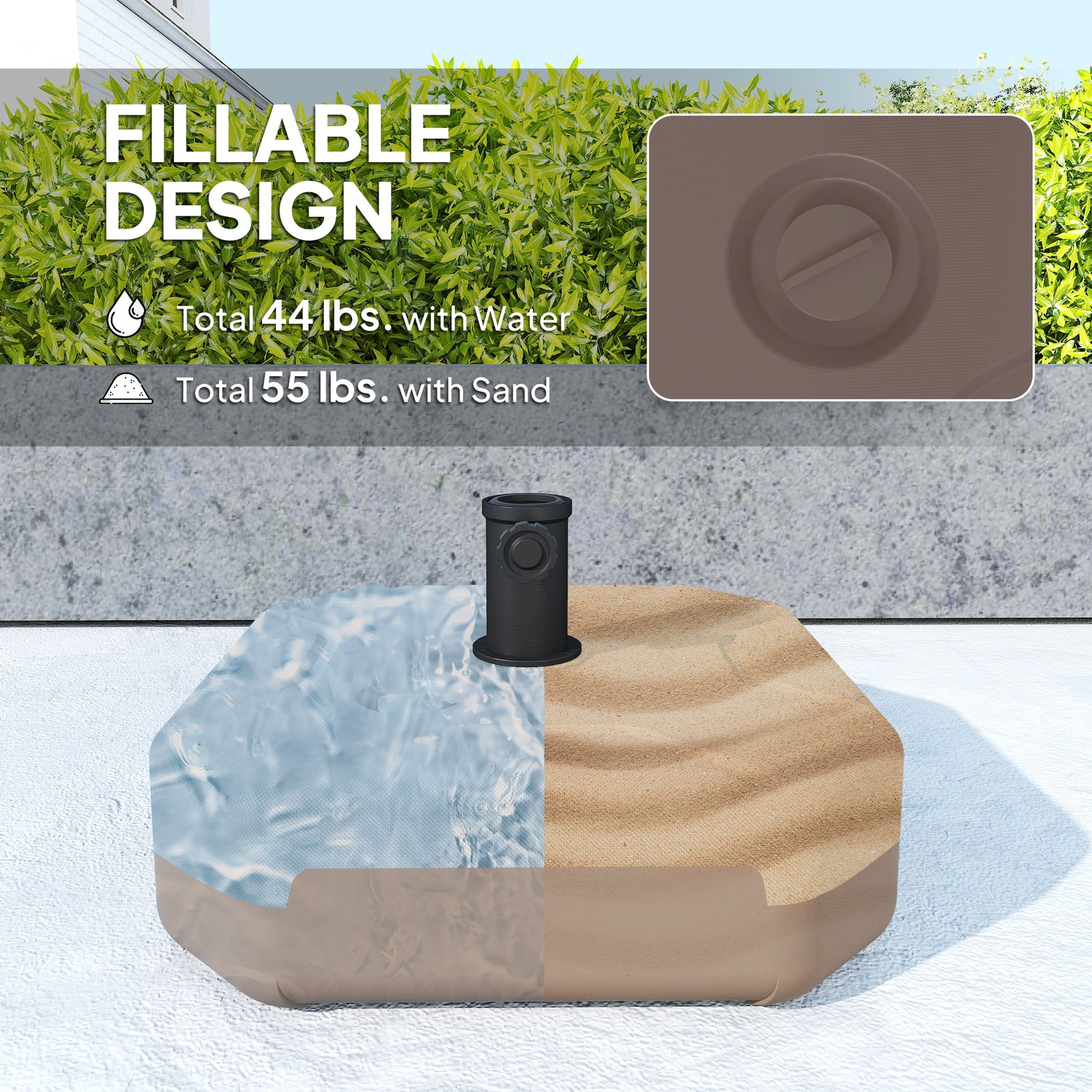 Square Patio Umbrella Base Holder, Heavy Duty Outdoor Umbrella Stand Base, Filled Up to 55lbs with Stand or 44lbs with Water for Garden, Poolside, Brown