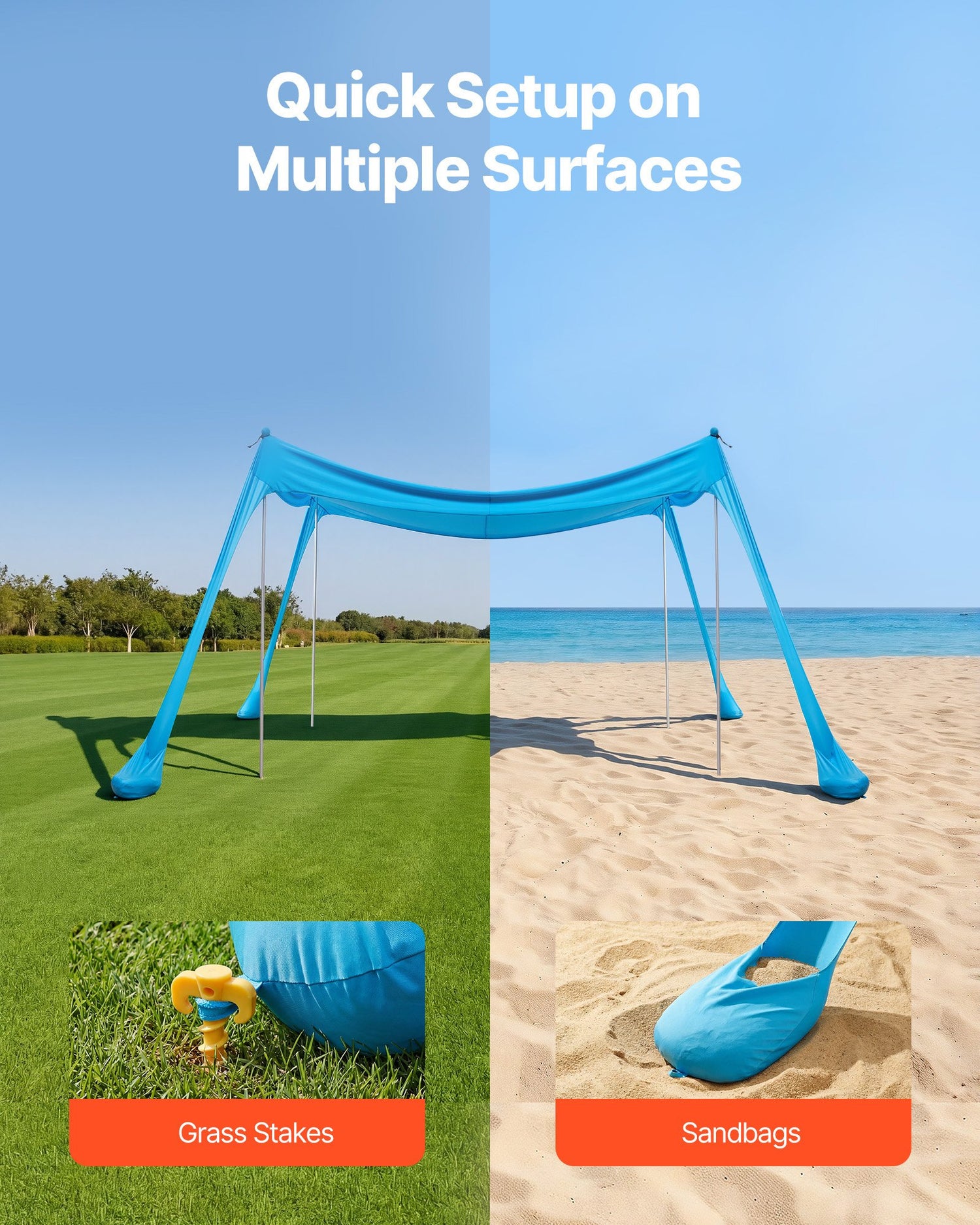 Beach Tent Sun Shelter, UPF50+ Sun Protection, 6.6 Ft Tall, 10x10 Ft, Easy Pop Up Beach Canopy With 4 Sandbags, Stability Poles, Sand Shovels, Portable Shade For Family Outings, Camping, Fishing
