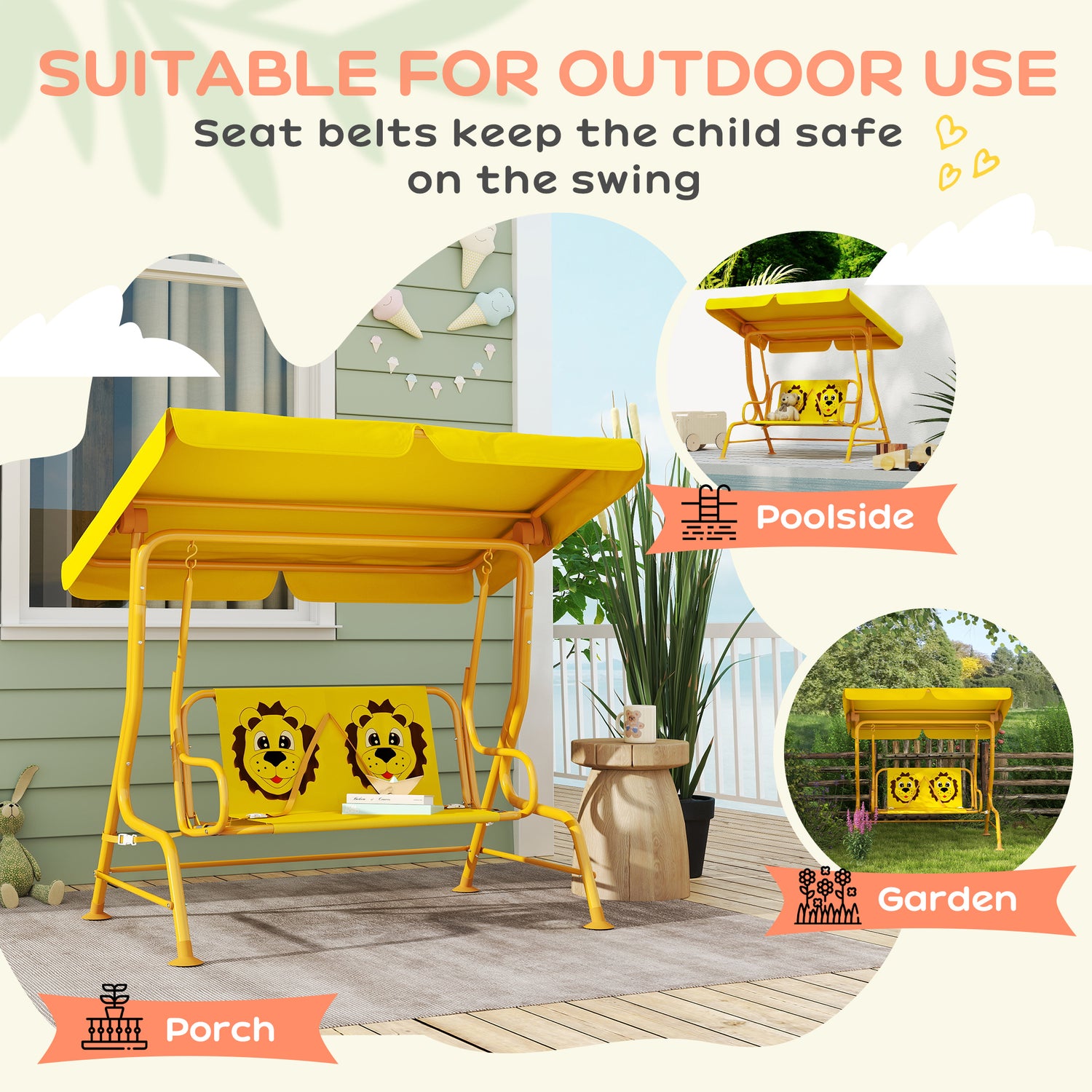 Kids Patio Swing Chair with Adjustable Canopy, Safety Belt for Patio, Garden, Poolside, Balcony, Yellow