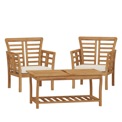Caydon 2 Club Chairs + Table Outdoor Set with Slat Panel Design - Natural Wood