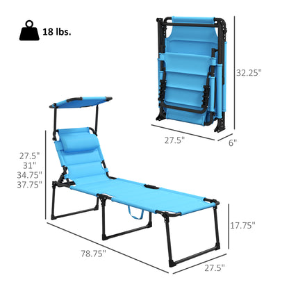 Outdoor Lounge Chair, 4 Position Adjustable Backrest, Folding, Cushioned w/ Sun Shade Roof &amp; Pillow, Blue