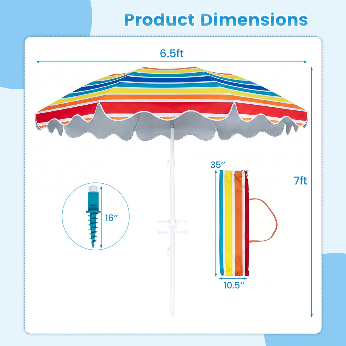 Beach Umbrella 6.5 FT with UPF 50+ Sun Protection &amp; Sand Anchor