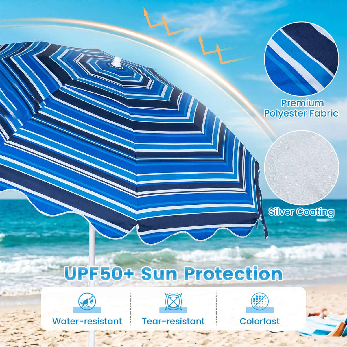 Beach Umbrella 6.5 FT with UPF 50+ Sun Protection &amp; Sand Anchor