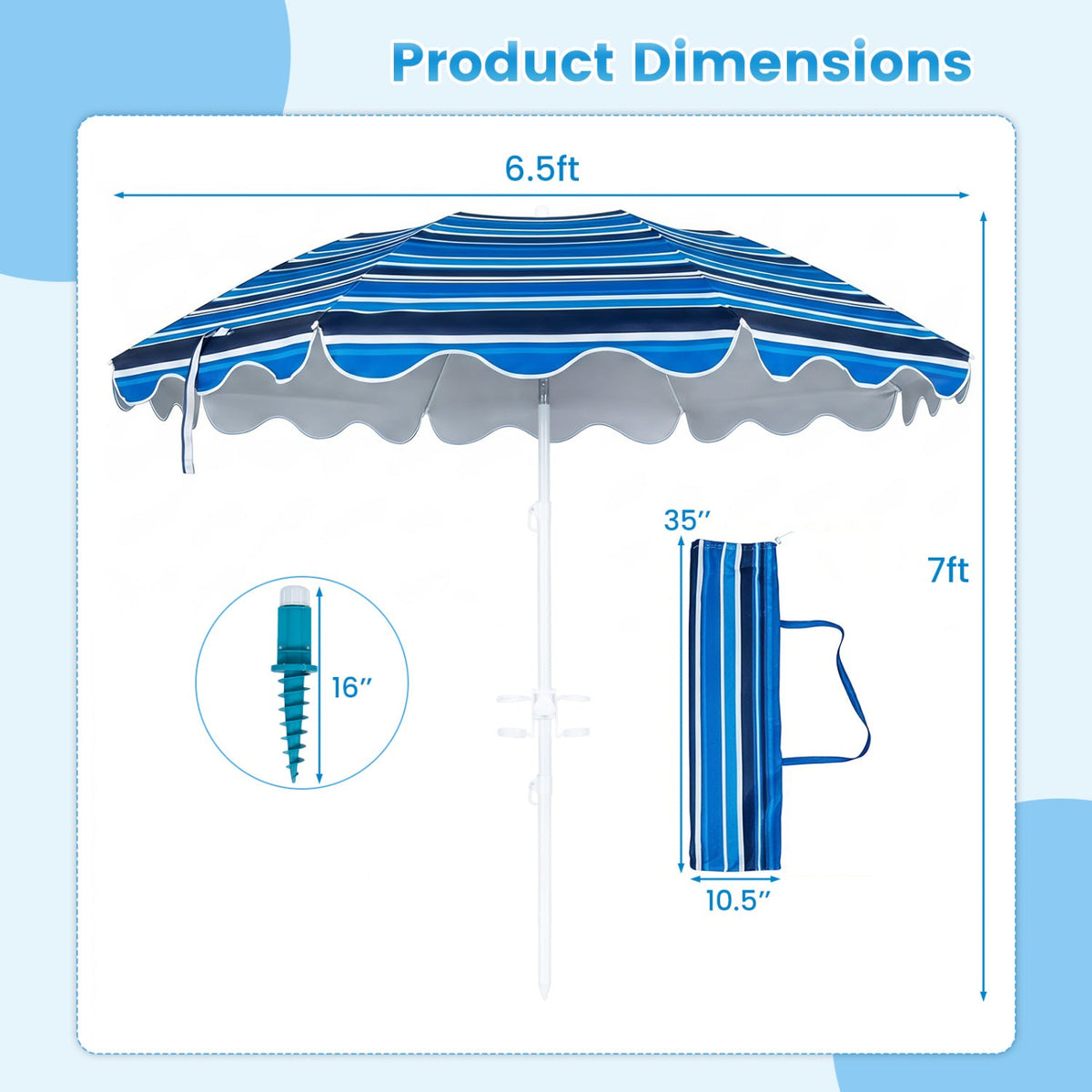 Beach Umbrella 6.5 FT with UPF 50+ Sun Protection &amp; Sand Anchor