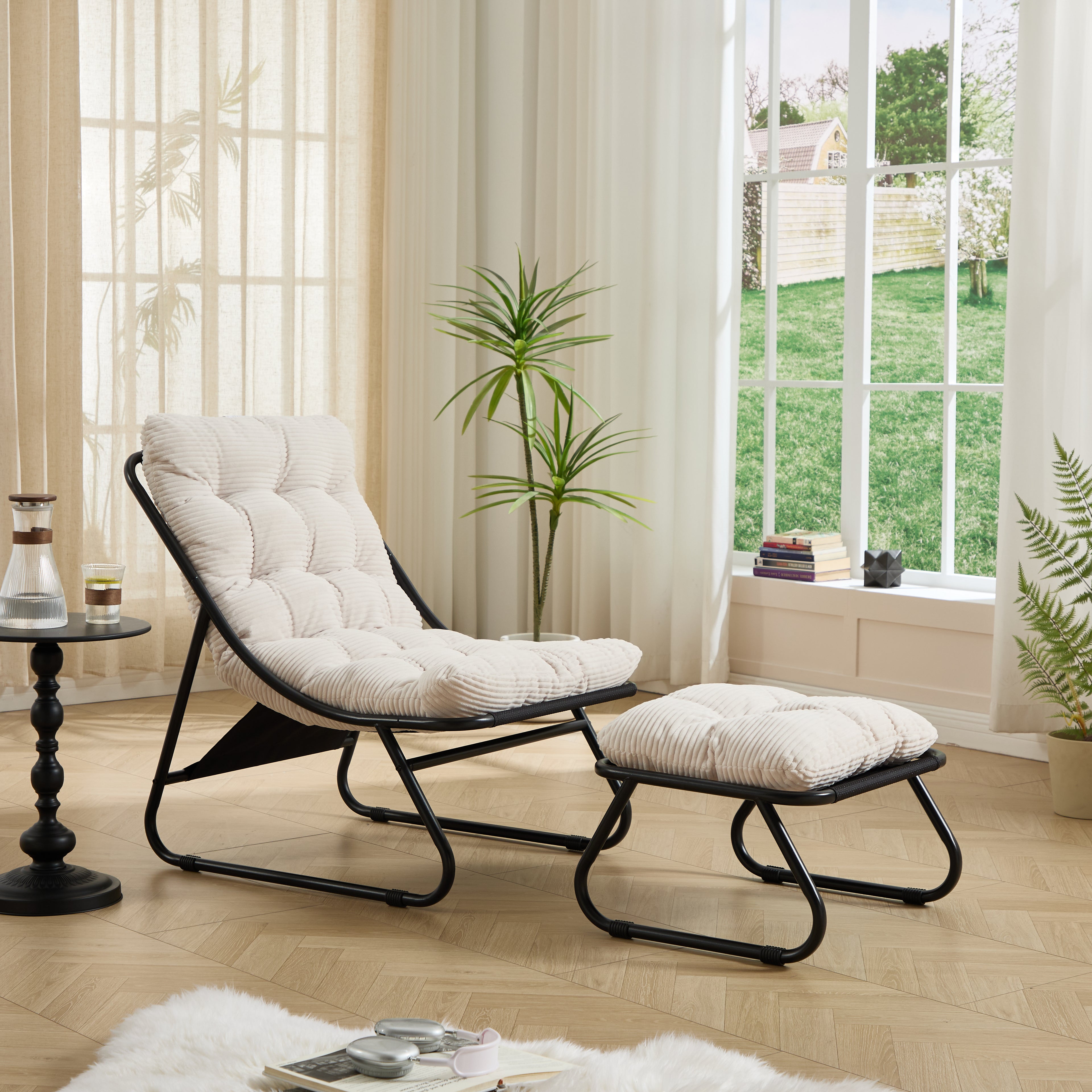 Patio Outdoor Lounge Chair With Ottoman, Comfy Sling Recliner Chair With Puffy Cushion And Foot Stool, Ideal For Living Room, Bedroom, Reading Room, Black Frame With White Cushion