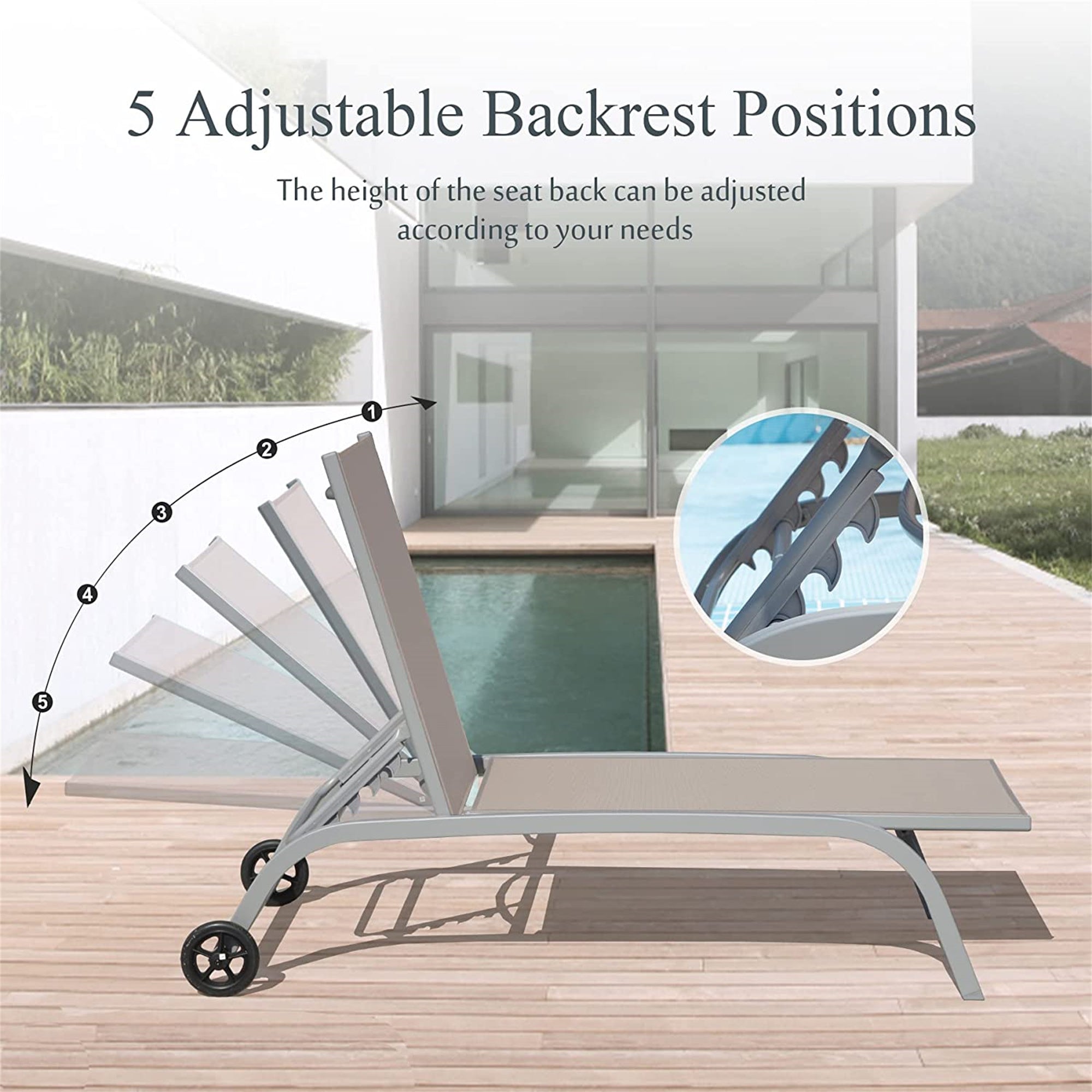 Chaise Lounge Outdoor Set Of 2, Lounge Chairs For Outside With Wheals, Outdoor Lounge Chairs With 5 Adjustable Position, Pool Lounge Chairs For Patio, Beach,Yard,Deck,Poolside Khaki, 2 Lounge Chairs