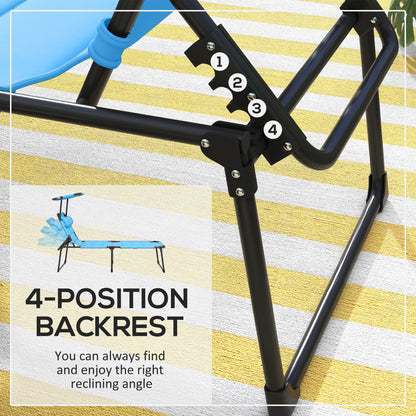 Outdoor Lounge Chair, 4 Position Adjustable Backrest, Folding, Cushioned w/ Sun Shade Roof &amp; Pillow, Blue