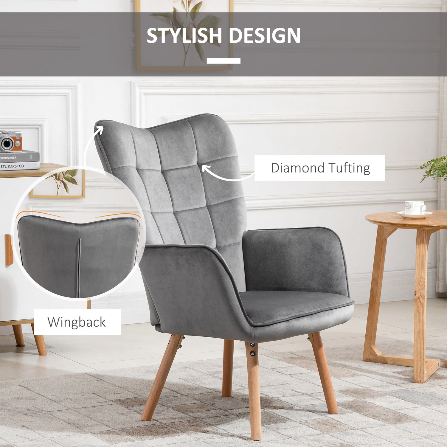 Modern Accent Chair Velvet-Touch Tufted Wingback Armchair Upholstered Leisure Lounge Sofa Club Chair With Wood Legs, Set Of 2, Grey