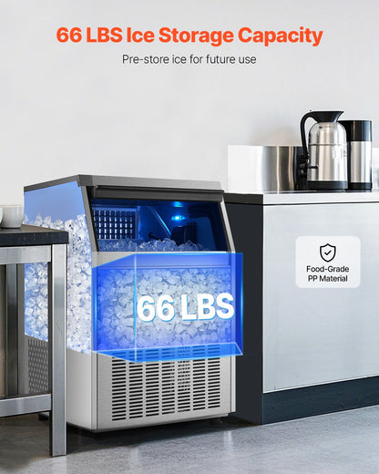 160lbs/24H Commercial Ice Maker Machine, 66lbs Storage Capacity Ice Maker With Drain Pump, 80 Ice Cubes In 15 Minutes, LED Digital Display Freestanding Self-Cleaning For Bar Office Restaurant